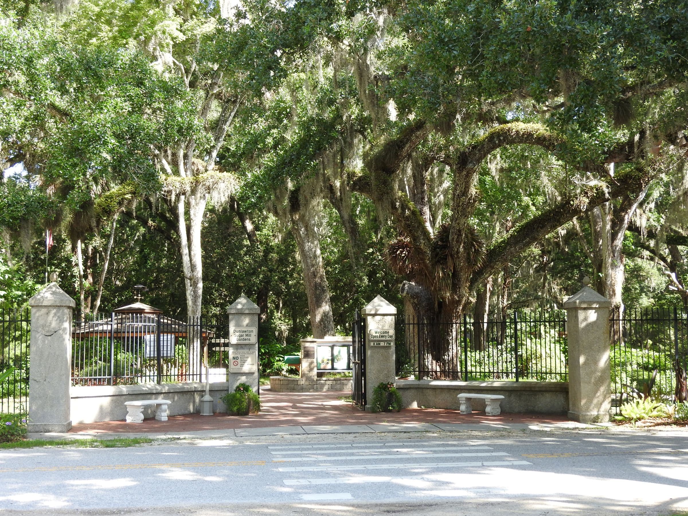 Entrance gate beneath live oaks at Dunlawton Sugar Mill Gardens.