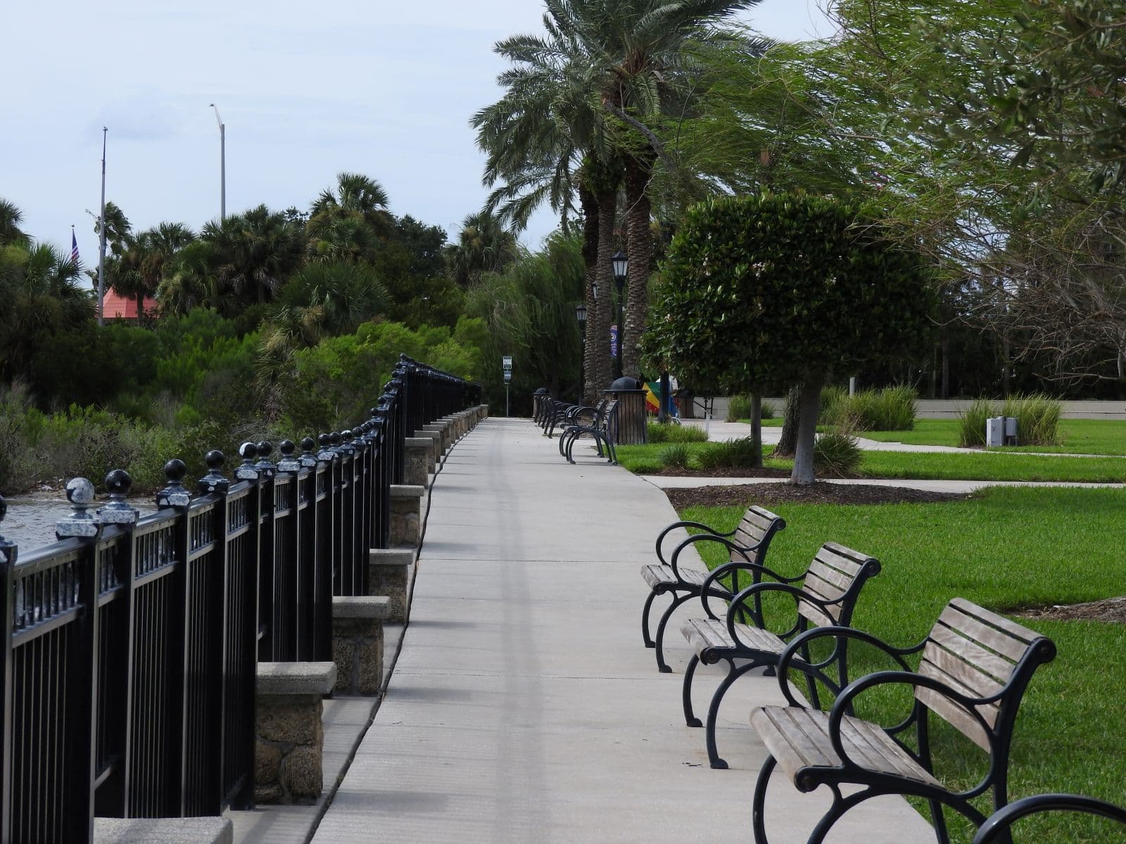 Riverfront walking path lined with benches, palms, and landscaped lawn.